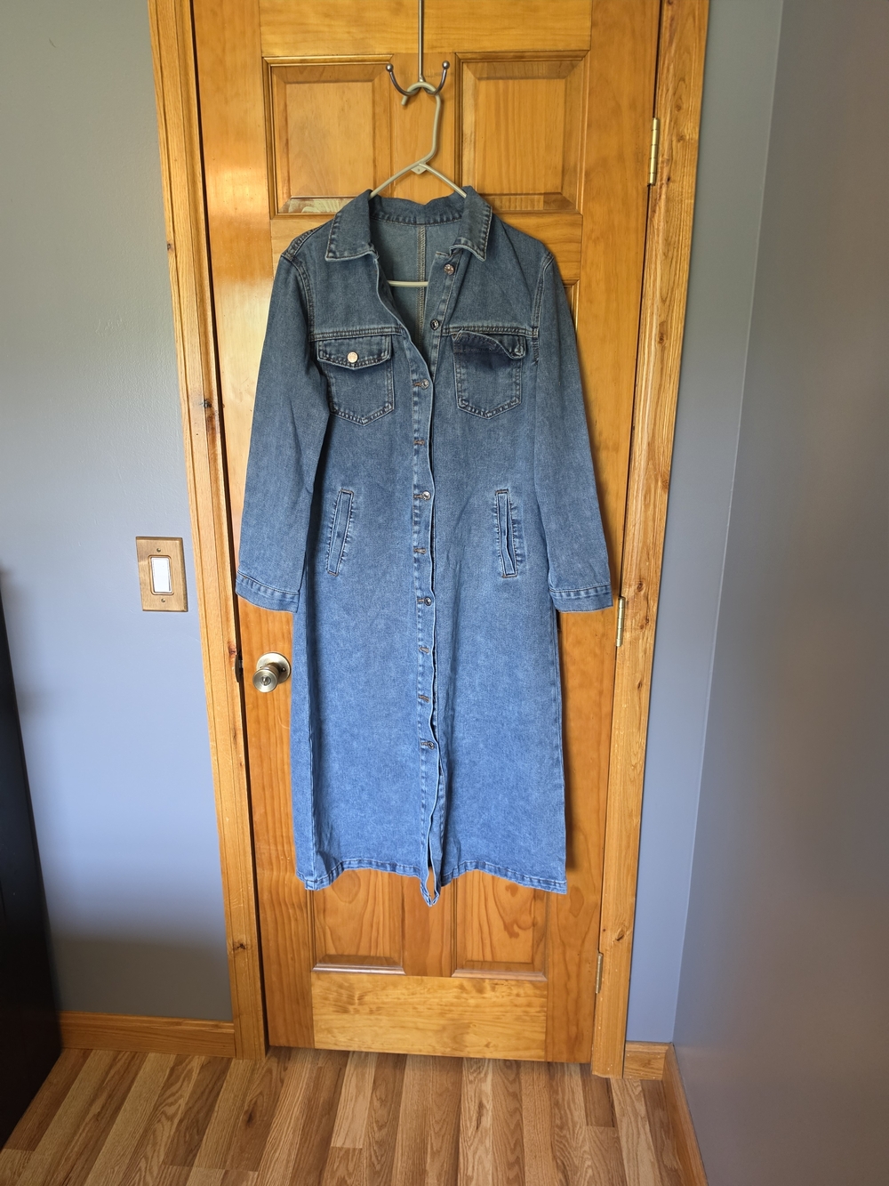 Long Button-Front Denim Duster - Medium Blue - Picture 2 of 4